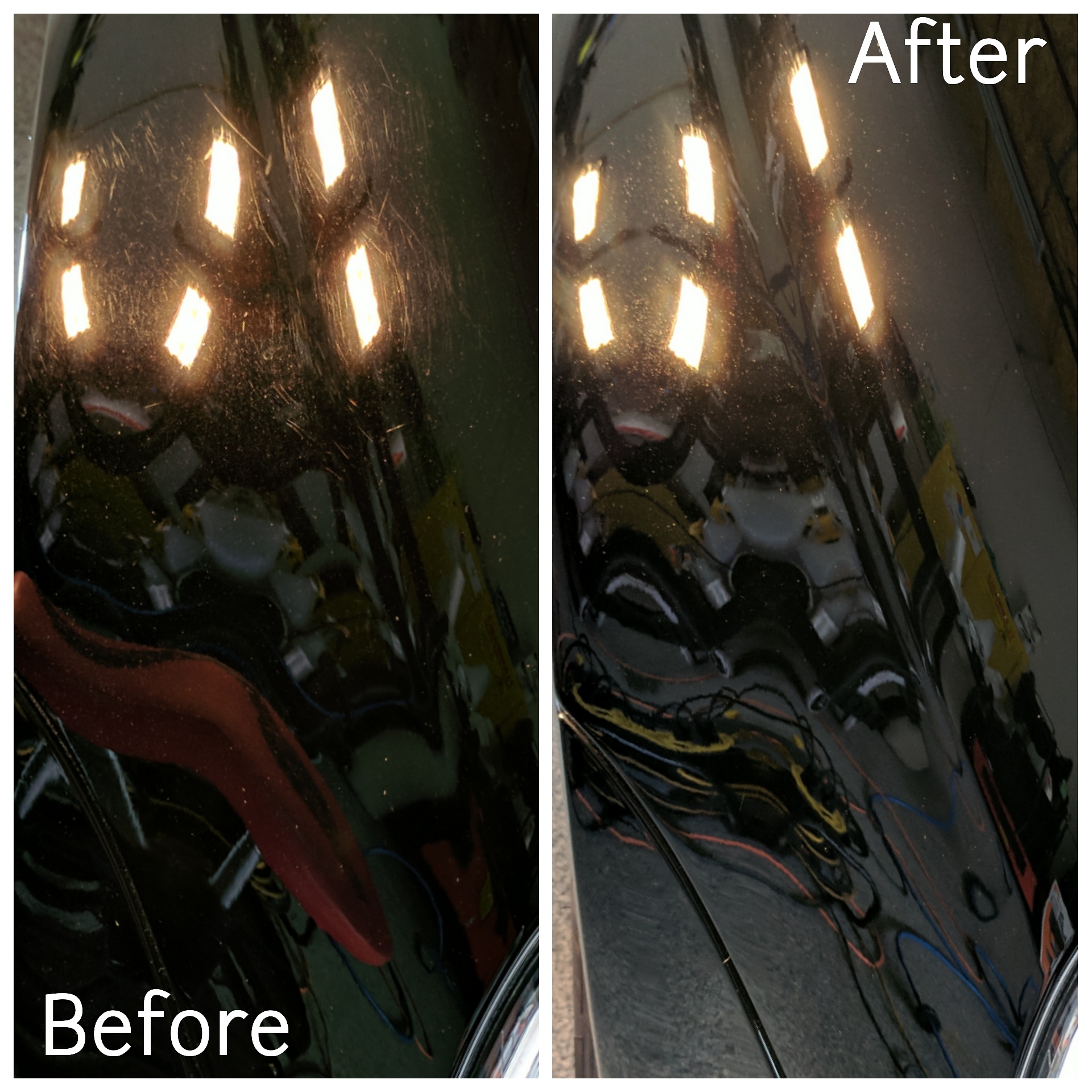 Paint correction before and after results on factory paint
