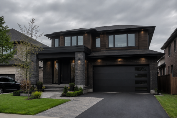 Modern two-storey suburban home with dark exterior finishes under an overcast sky in an upscale residential neighbourhood